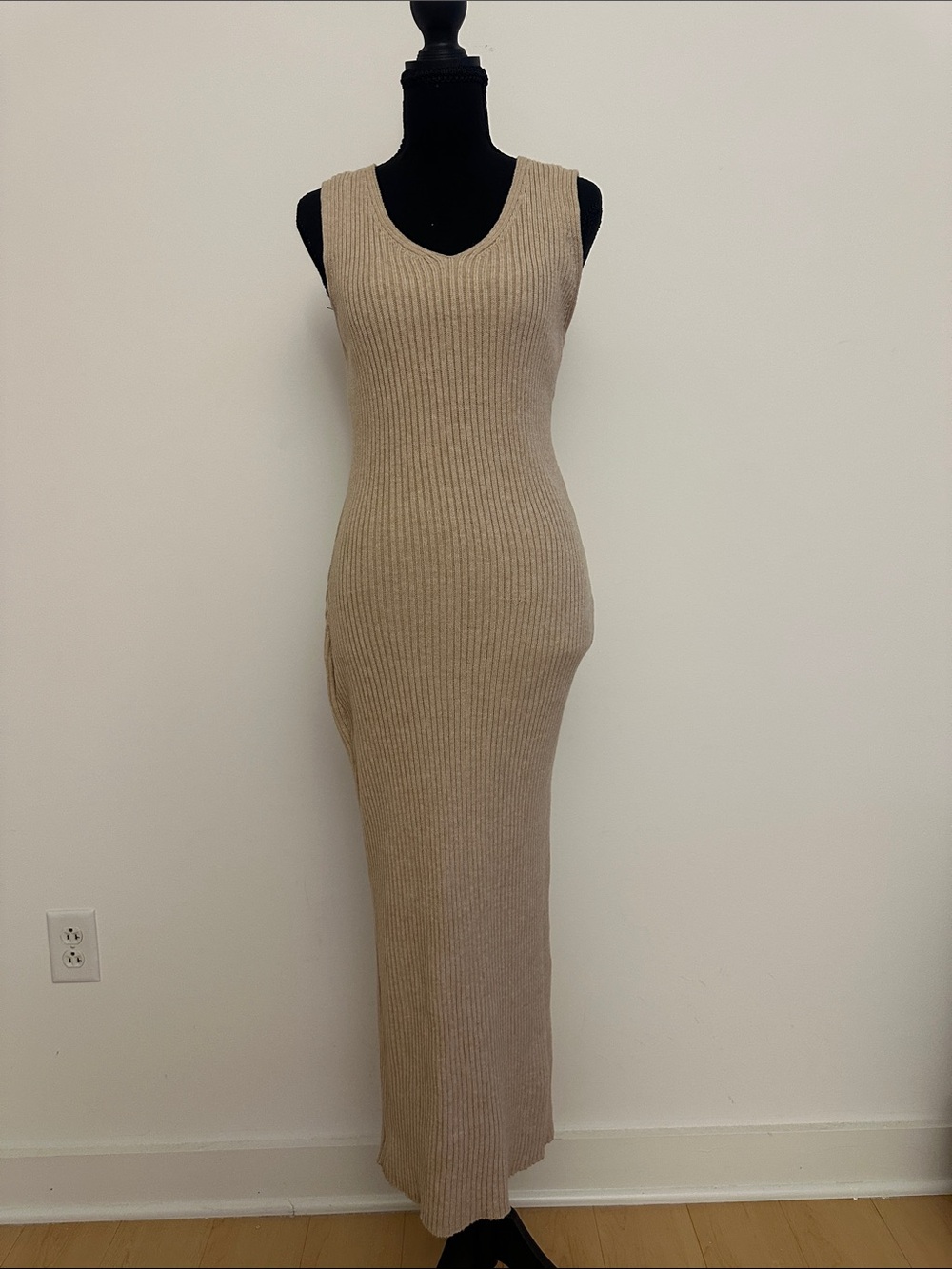PrettyLittleThing Sleeveless Ribbed Maxi Dress in Beige